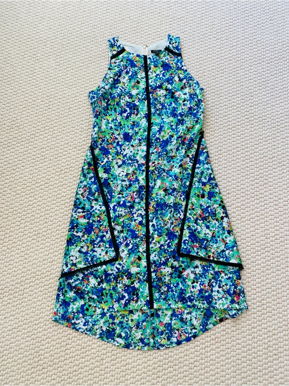Ann Taylor Floral Blue-Green A-Line Hi-Low Dress with Contrast Black Trim